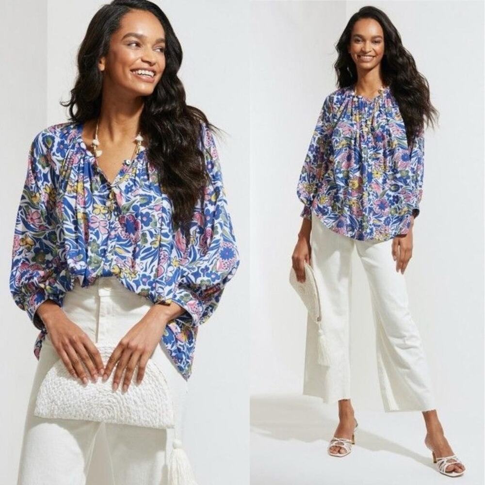 Roller Rabbit Womens Blue Floral Chachas Ada Blouse Top Medium